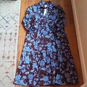 Anthropologie Chocolate Brown Midi Dress with Sky Blue Floral Pattern